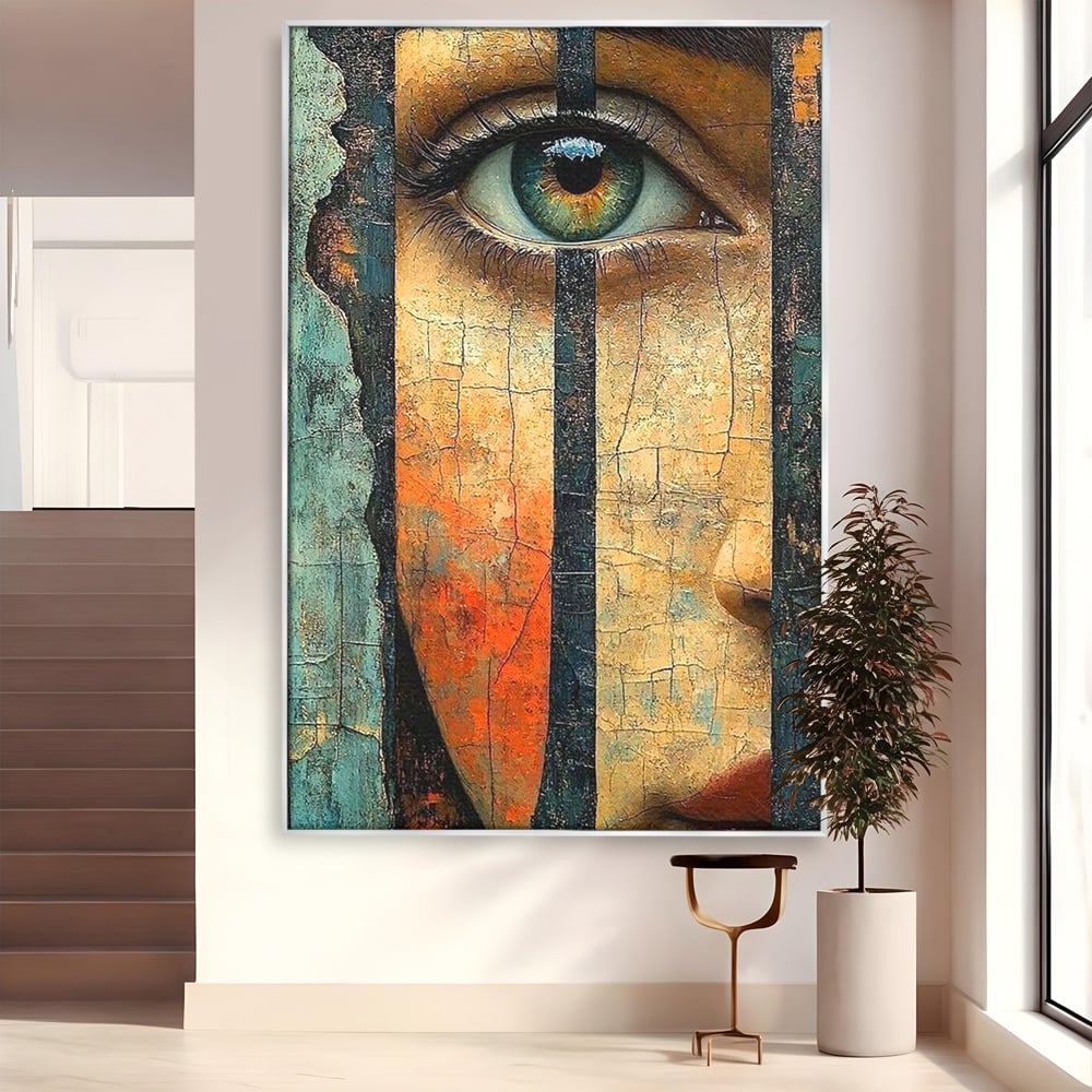 Tablou canvas cu tablou canvas cu ochi printre gratii, in rama de aluminiu argintiu